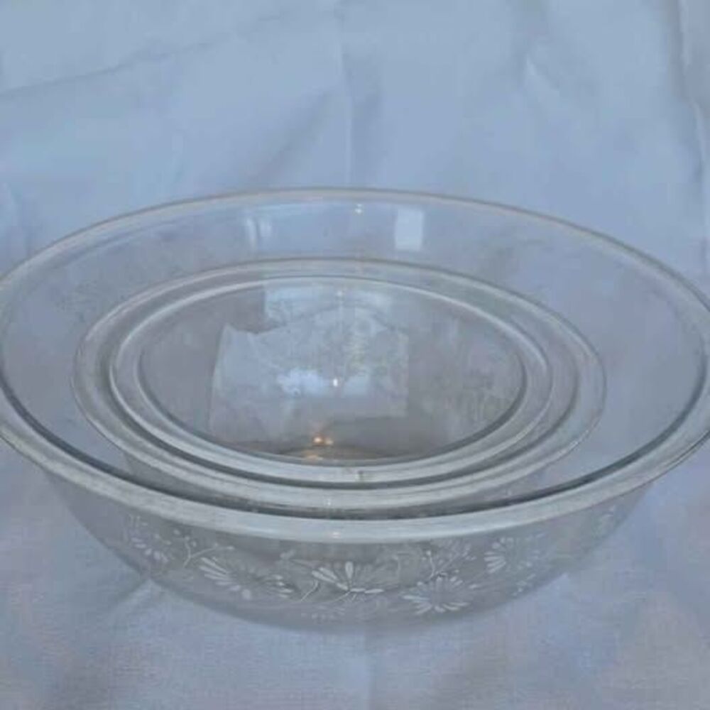 Vintage Pyrex Colonial Mist White Lace Clear Nesting Bowl Mixing Bowl Set of 3